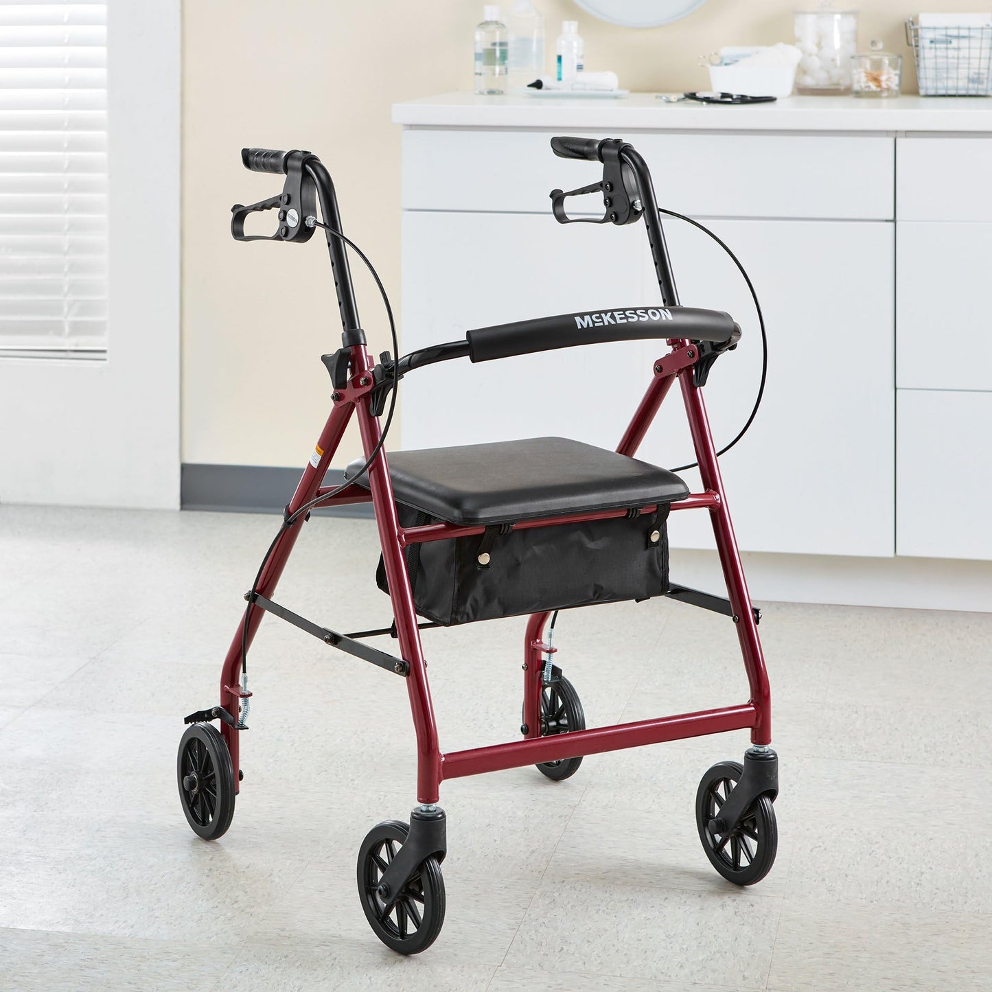 McKesson Rollator Walker with Seat and Wheels, Lightweight, Aluminum, 300 lbs Weight Capacity, Red, 1 Count