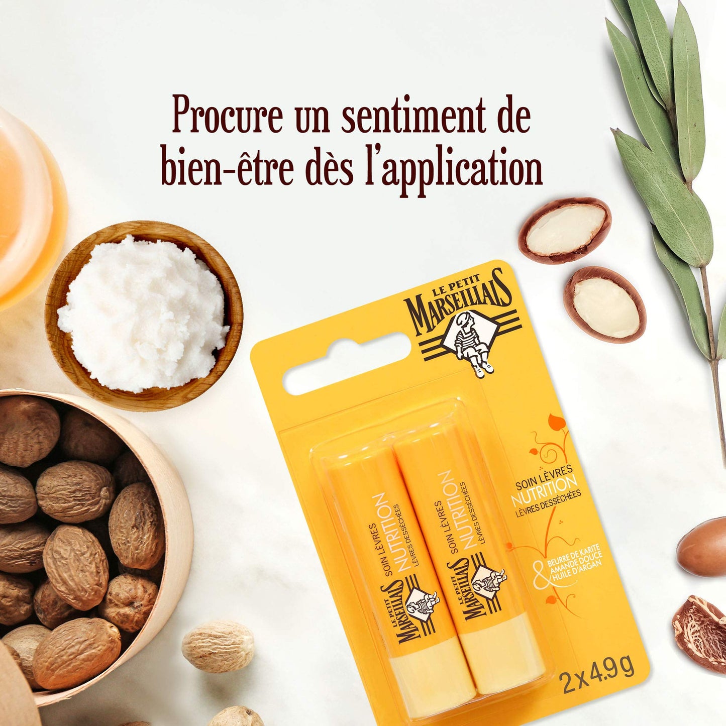Le Petit Marseillais | Soin Lèvres Nutrition Lèvres Desséchées (2 tubes de 4,9 g) – Baume à lèvres au beurre de karité, amande douce et huile d'argan – Stick à lèvres nourrissant