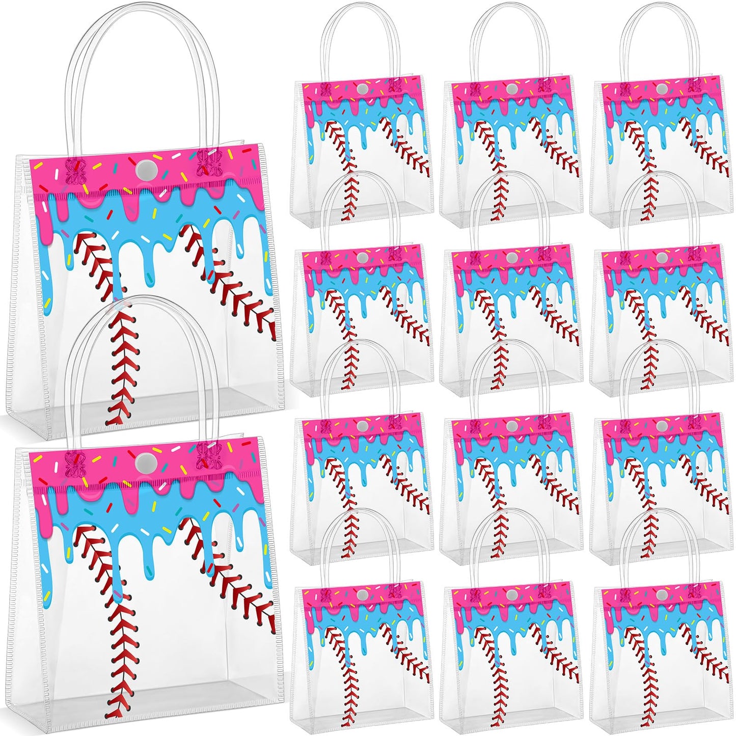 Kolldenn 24 Pcs Baseball Ice Cream Drip Party Favors Clear PVC Gift Bags Baseball Birthday Ice Cream Drip Goodie Snack Treat Bags with Handles for Sport Team Party Supply 6.3 x 5.9 x 3 Inches