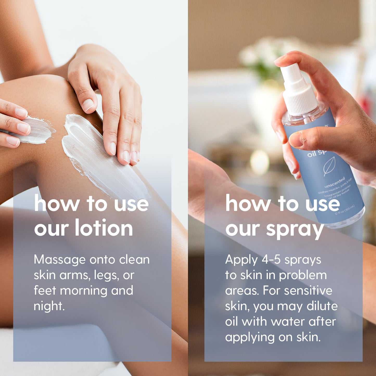 Unscented Magnesium Lotion & Spray for Sleep, Suitable for Sensitive Skin, Helps with Muscle Relaxation, Soothes Tired Legs & Foot Aches and Supports Restful Nights, 8 & 12 fl oz by M3