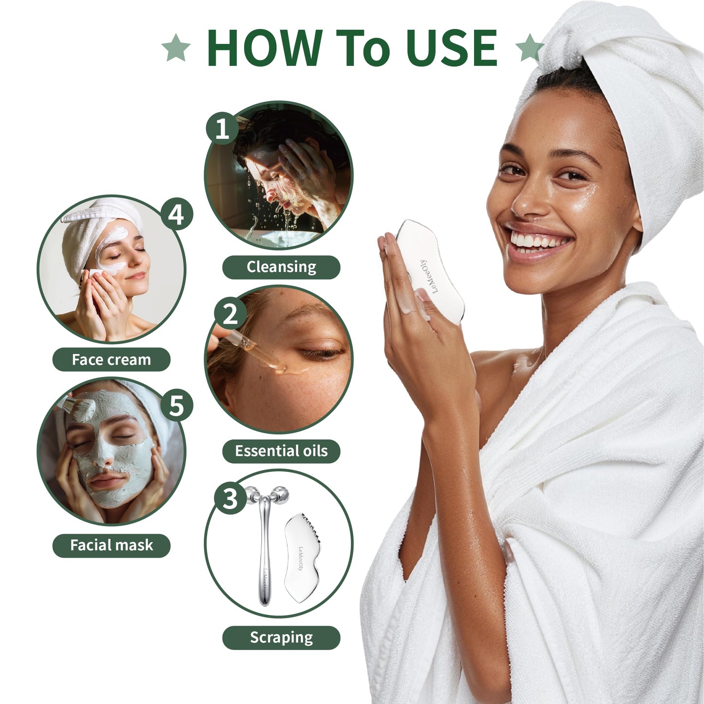 LeMeeOly Stainless Steel Gua Sha Facial Tools Metal GuaSha Tool for Face Neck, Detailer Gua Sha Lymphatic Drainage Reduce Wrinkles Face Massage Tool, Gift for Women (Guasha & Face Roller)