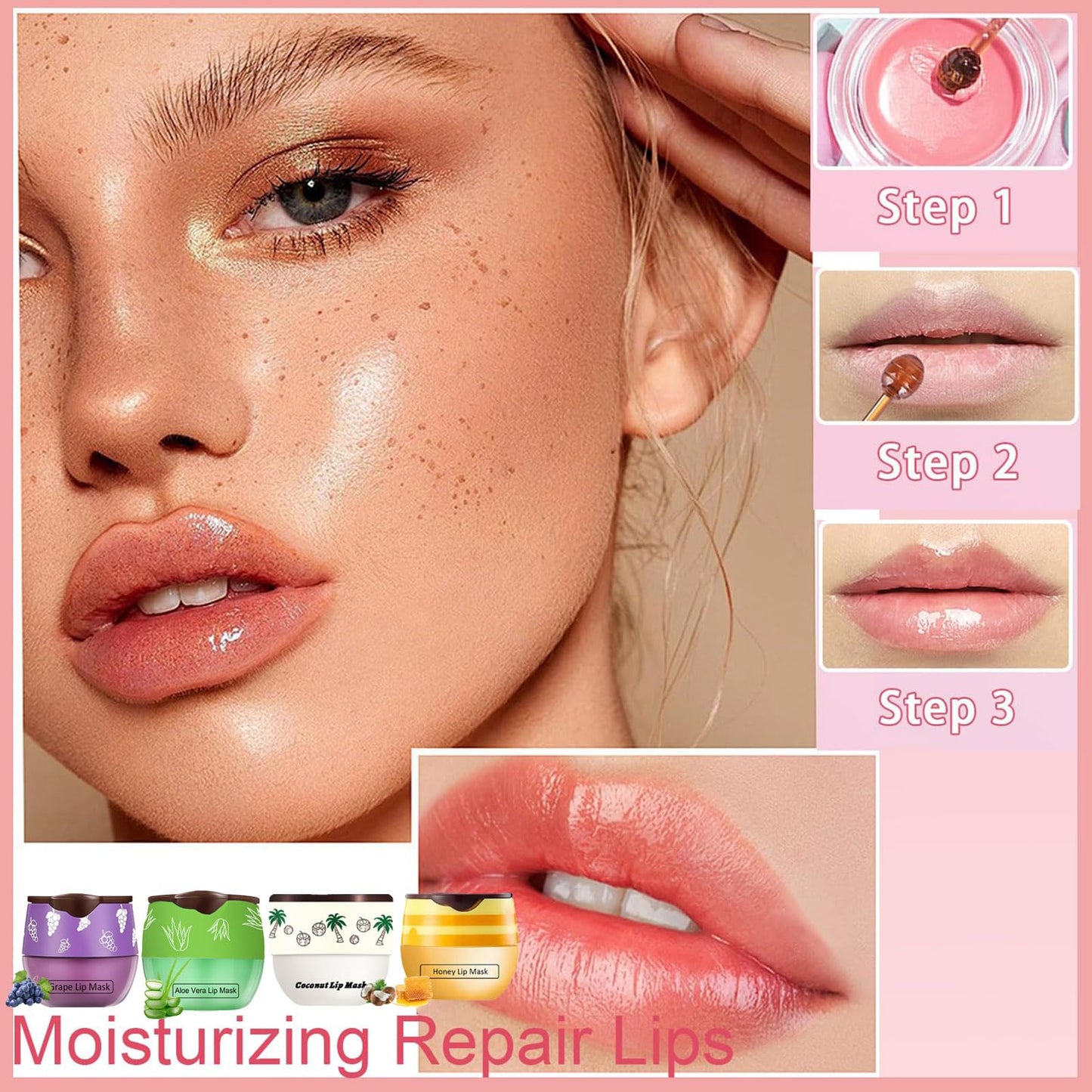 TIRDET 4 PCS Bee Lip Balm Honey Pot, Honey Coconut Aloe Vera Grape Sleeping Lip Mask Overnight with Sticks, Exfoliating Prevention Dry and Crack Lip Scrubs