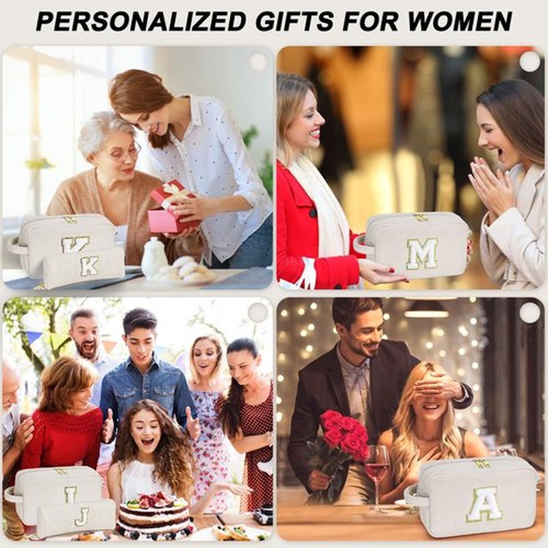 YOOLIFE Girls Gifts Travel Makeup Bag - White Makeup Bag Cosmetic Bags for Women Corduroy Cute Makeup Bag Stocking Stuffers for Teens Personalized Best Friend Birthday Gifts for Women Her Letter M