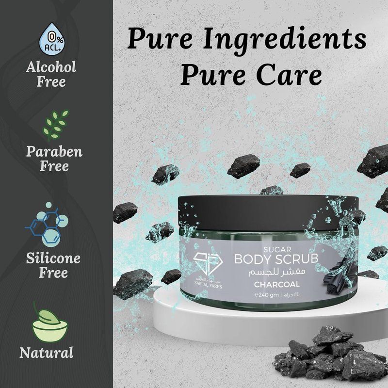 Sugar Body Scrub - Alcohol-Free Exfoliating Skincare with Refreshing Scent | 240ML (8.1 Fl Oz) Charcoal