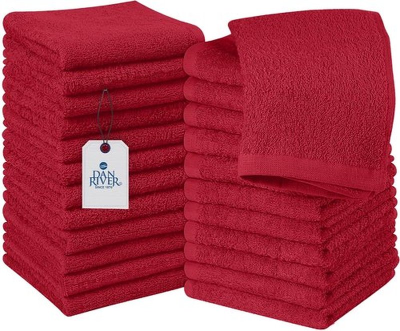 DAN RIVER 100% Cotton Washcloths 24 Pack Premium Quality Face and Body Cloth, Quick Dry Essential Towels for Bathroom, Hand, Kitchen & Cleaning, Baby Washcloths | 12X12 in | 400 GSM | Red