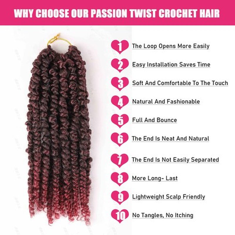 Pre-twisted Ombre Burgundy Passion Twist Hair 10 Inch 6 Packs Short Passion Twist Crochet Hair Bohemian Pre Looped Crochet Braids for Black Women Kids and Girls (10 Inch,T1B/Bug)
