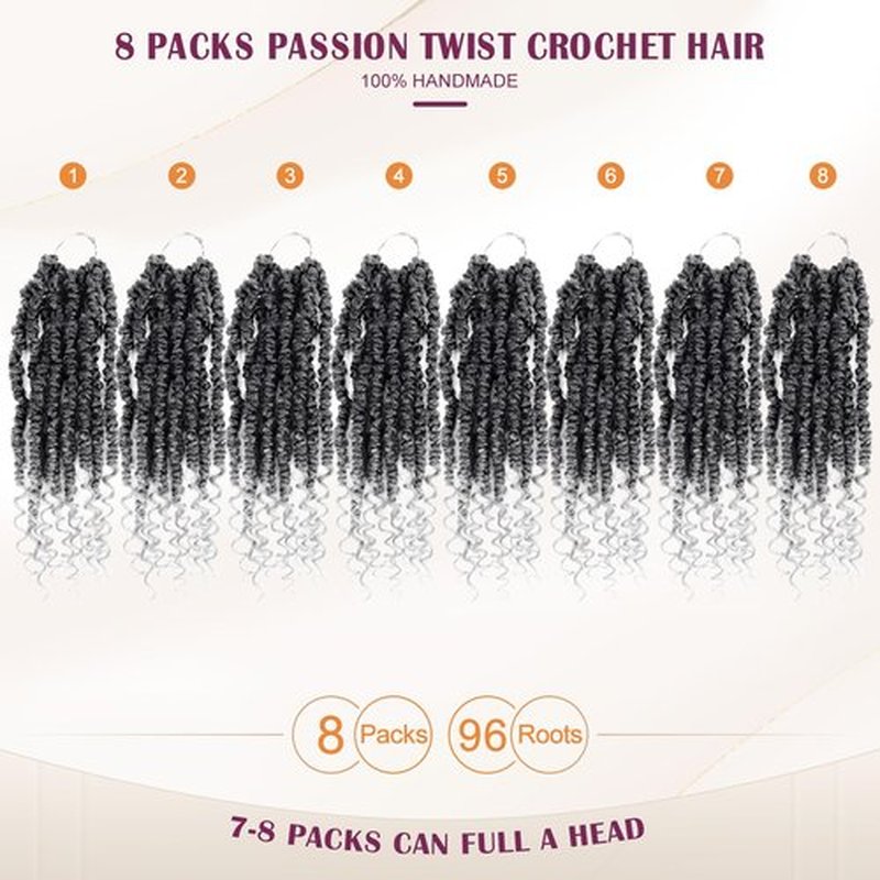Passion Twist Crochet Hair,Pretwisted Crochet Hair 12 Inch Passion Twist Hair,Passion Twist Crochet Hair 8 Packs Pretwisted Passion Twist Hair,Short Pre Looped Crochet Hair for Black Women(1B/gray)