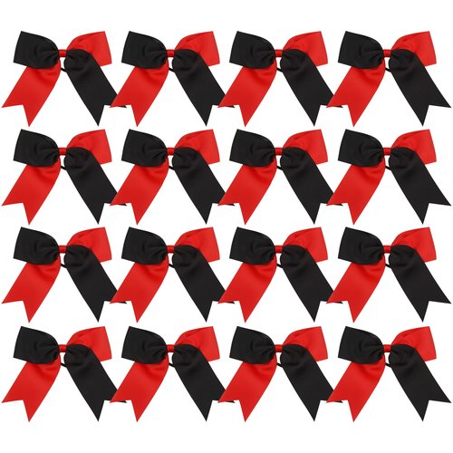 Cheer Bows 6 Inch 2 Color Ponytail Holder Hair Tie 16 Pcs Hair Bow Cheerleader Bows Hair Tie (Black/Red)
