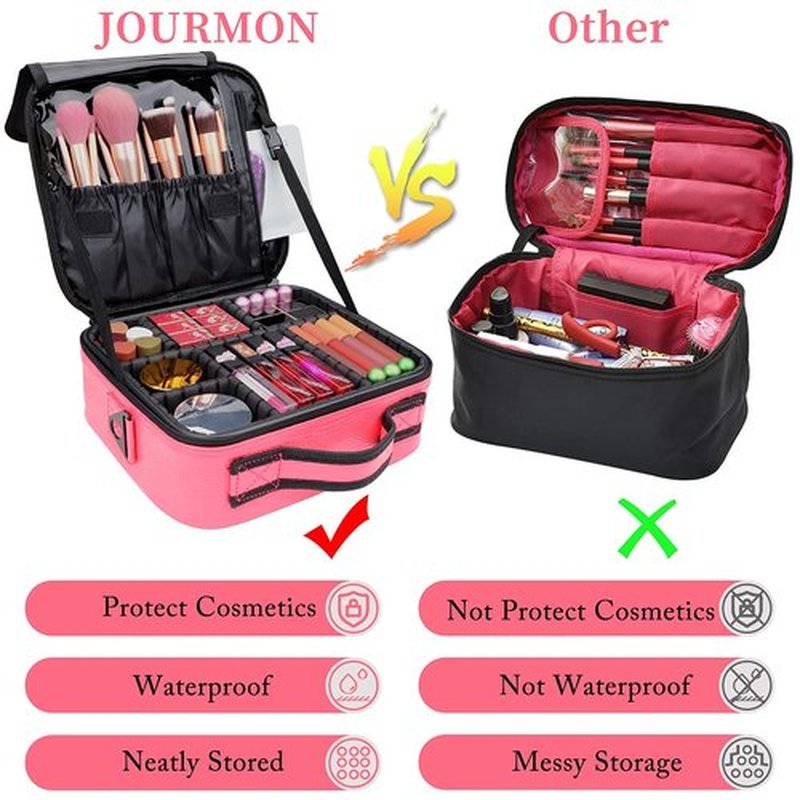 JOURMON Travel Makeup Bag Train Case Cosmetic Case Organizer Portable Artist Storage Bag with Adjustable Dividers for Cosmetics Makeup Brushes Toiletry Jewelry Digital Accessories(Hot Rose,S)