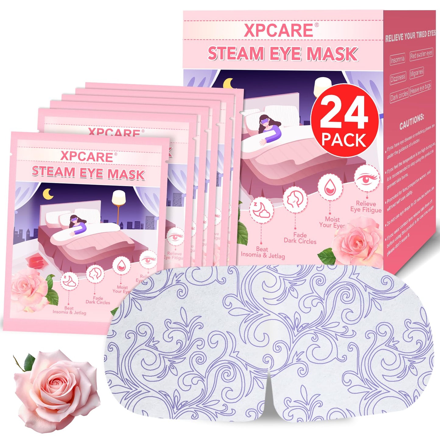 XPCARE 24 Pack Steam Eye Masks for Dry Eyes, SPA Warm Sleep Eye Mask, Disposable Heated Eye Mask for Dark Circles, Puffy Eyes, Relief Stress Eye Fatigue(Rose)