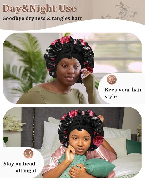 Reversible Satin Bonnet for Sleeping Women Silk Bonnet Double Layer Hair Bonnet with 2PCS Hair Scrunchies Elastic Tie Band Night Cap Hair Wrap for Natural Curly Hair (Black Flower + Black)