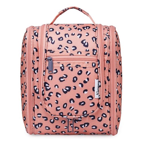 Narwey Small Hanging Toiletry Bag Women Travel Makeup Bag Organizer Toiletries Bag for Travel Size Essentials Accessories Cosmetics (Medium, Orange Leopard)