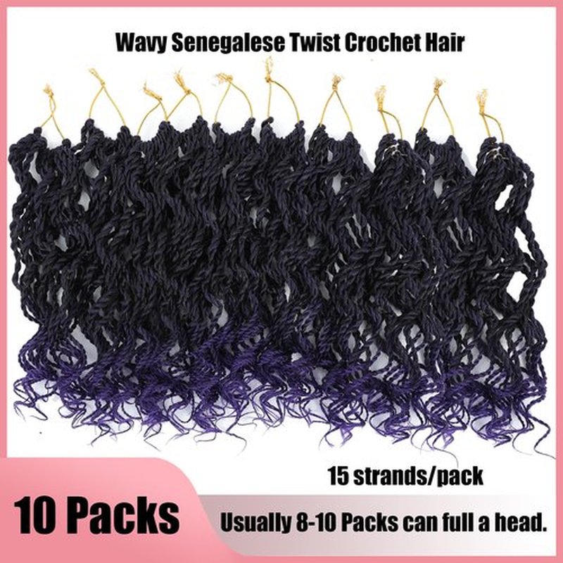 Wavy Senegalese Twist Crochet Hair For Black Women 8 Inch 10 Packs Senegalese Twist Braiding Hair Crochet Twists Pre Looped Twist Crochet Hair Curly Crochet Twist Hair With Curly Ends(1B/PURPLE)