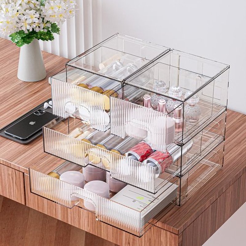 ZHIAI Stackable storage drawer, acrylic storage box for cosmetics and beauty products, suitable for dressing tables, bathrooms, cabinets, storage rooms, bedrooms and home organisation 4 pcs set
