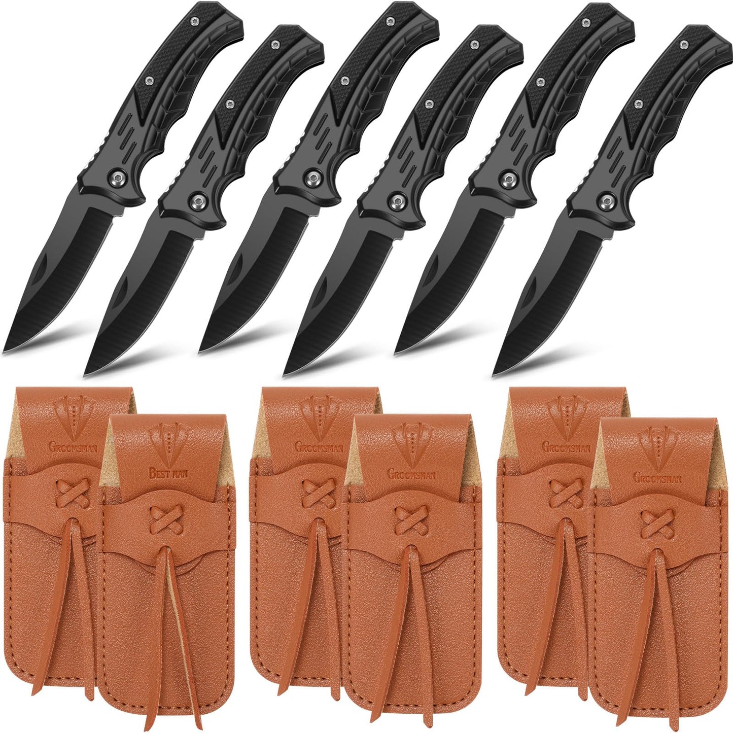 Abbylike 6 Set Groomsmen Gifts Personalized Groomsmen Knife with Leather Sheaths Mini Folding Knives Proposal Gifts for Wedding Party Favors(Classic,Black)
