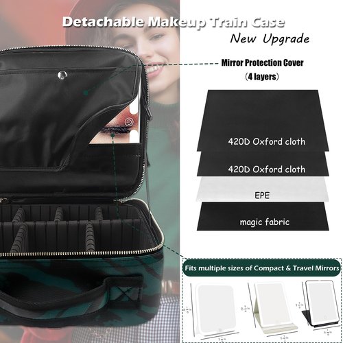 MOMIRA Makeup Train Case Makeup Bag with Light up Mirror Cosmetic Bag Organizer Detachable Portable Travel Makeup Case with Adjustable Dividers Makeup Brushes Storage, Waterproof,Zebra-Green
