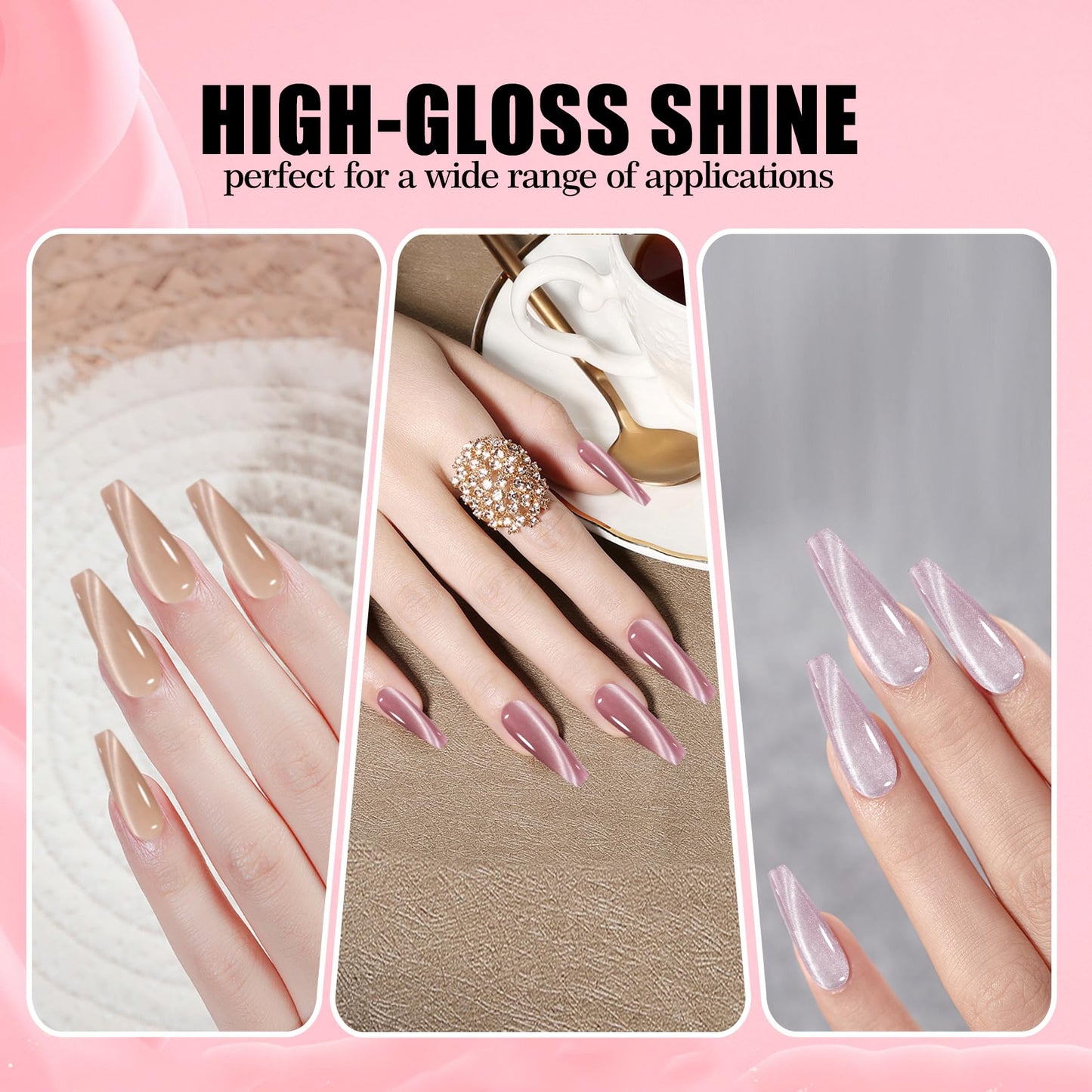 Adhere 7Pcs 12ML Cat Eye Soak Off UV LED Gel Nail Polish Set, Reflective Glitter Cat Eye, Sparkling Diamond Magnetic Transparent Pink Color with Magnet