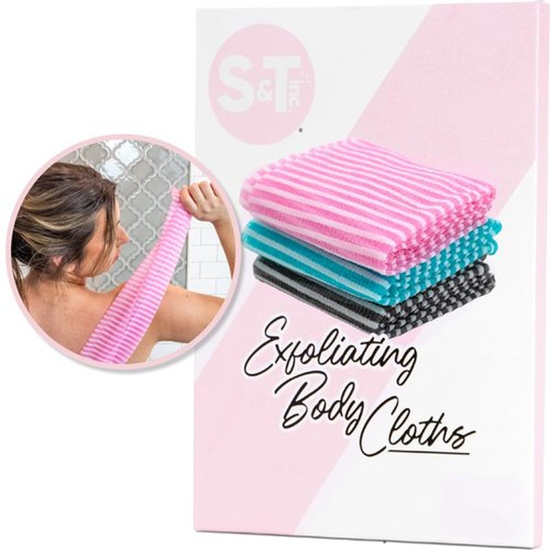 S&T INC. Back Scrubber for Shower, Exfoliating Body Scrubber or Bath Exfoliating Towel for Skin Care, 11.8 Inches x 35.4 Inches, Assorted Stripes, 3 Pack