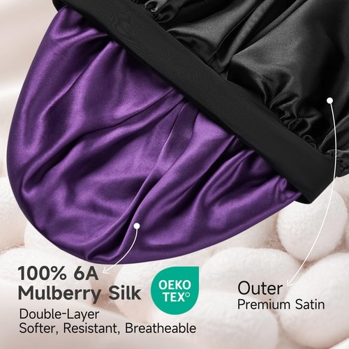 Umisleep 22 Momme 100% Real Mulberry Silk Bonnet for Sleeping Women, Large Hair Care Bonnet for Long Curly Hair, Double Layer Silk Hair Wrap with Soft Elastic Band, Non-Slip Sleep Cap, Black+Purple