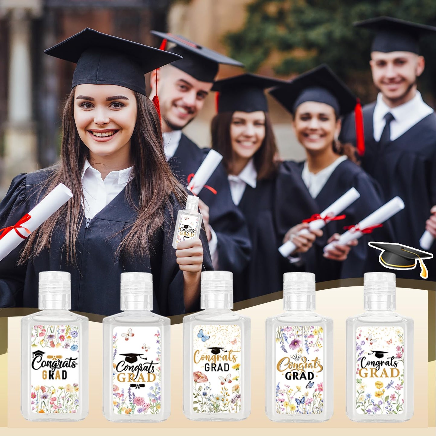 50 Pack Wildflower Graduation Mini Hand Sanitizer Bulk Graduation Gift for Teacher Classmates 1fl oz Travel Size Hand Sanitizer Graduation Hand Soap Gifts for Guest Graduation Party Favors Supplies