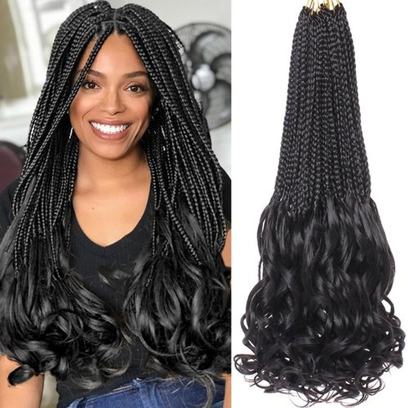 COOKOO 18 Inch 9 Pack (15 Strands/PCS) Pre Looped French Curly Box Braids Crochet Hair Natural Black French Curl Braiding Hair with Curly Wavy Ends Bouncy Loose Wave Crochet Box Braids for Women 1B#
