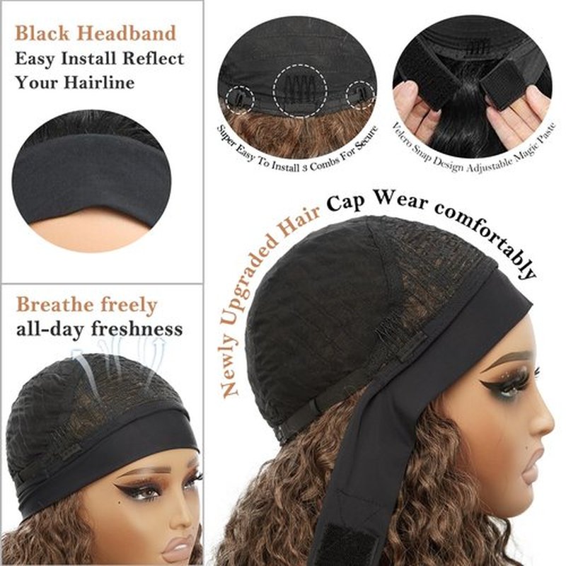 cuiud Ombre Brown Headband Wigs Water Wave 20 Inch Brown Curly Headband Wigs for Black Women Synthetic Glueless Half Wig Curly Wave Wig None Lace Front Wig （Ombre Brown）