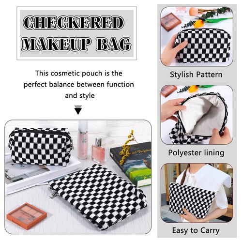 ZLFSRQ 2Pcs Checkered Makeup Bag for Women Large Cosmetic Bag Set Travel Toiletry Bag Makeup Pouch Bag for Purse Black Zipper Storage Bag Organizer Cute Small Aesthetic Girls Car Essentials Bag