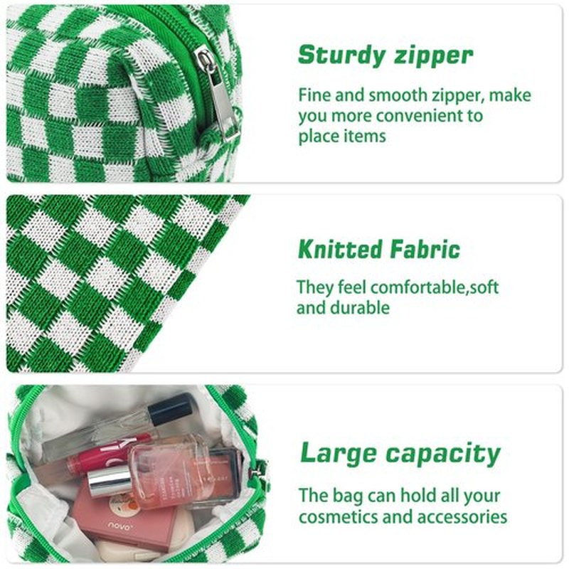 2Pcs Checkered Makeup Bag for Women Girls Pencil Pouch Travel Small Cosmetic Bag Set Cute Makeup Pouch Purse Pencil Case Pencil Bag Zippered Toiletry Bag Organizer Preppy Trendy Storage Bag(Green)