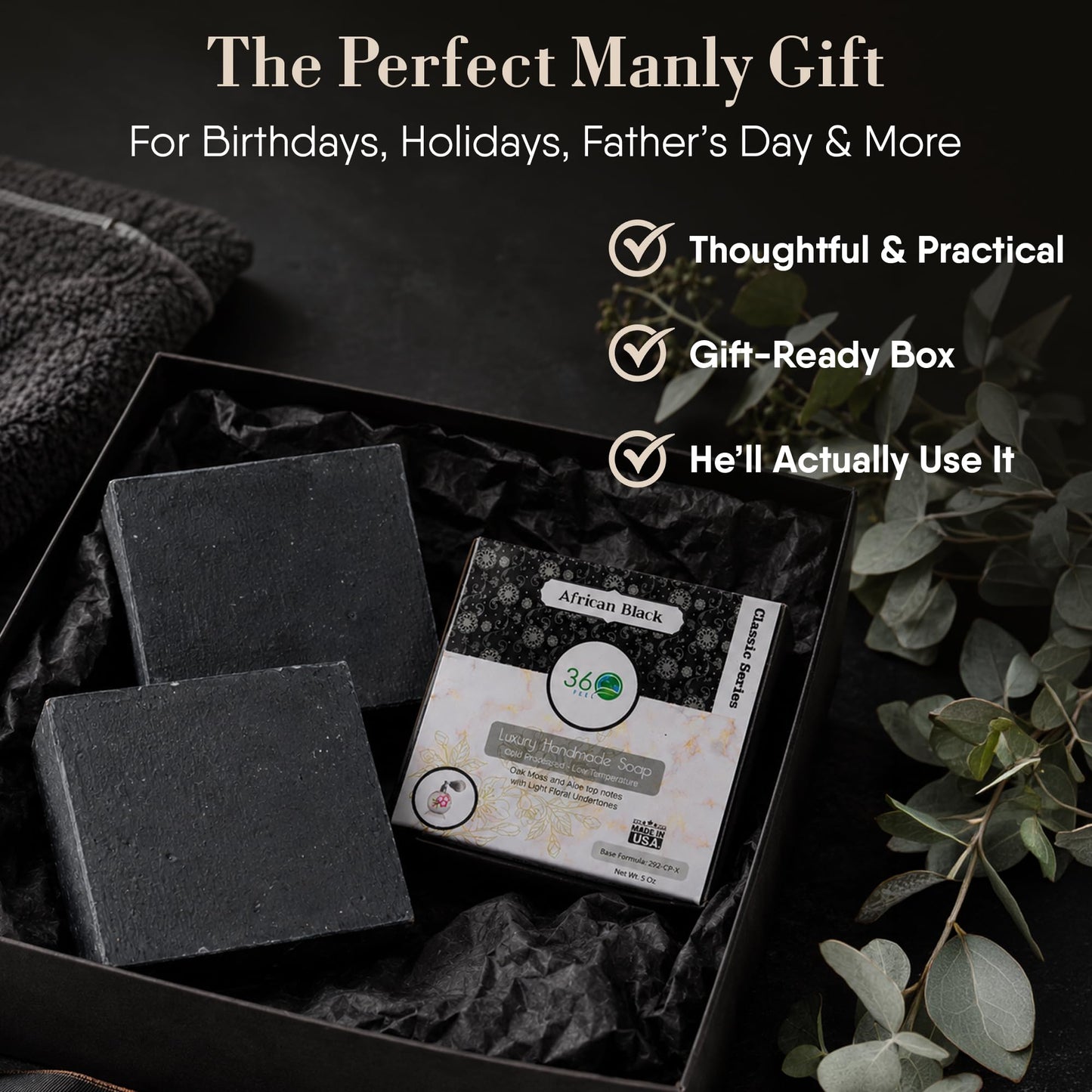360Feel African Black Soap - Made in The USA - Castile Handmade, All-Natural, Cold-Processed - Infused with African Black Soap and a Soothing Scent - Rich, Creamy Lather (5 oz)