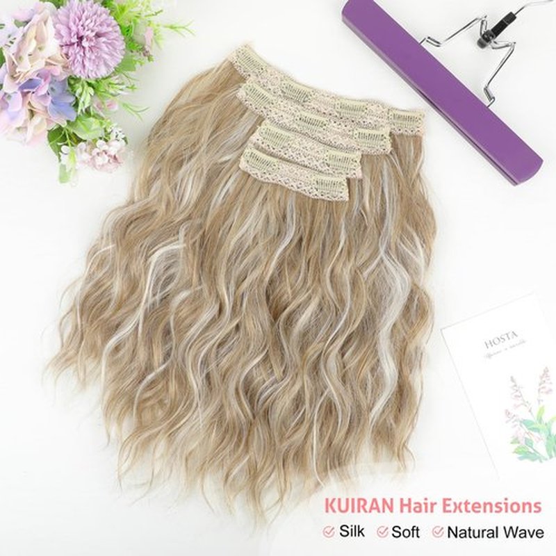 KUIRAN Hair Extensions, Clip in Hair Extensions 12" Short Wavy Hair Extensions 4PCS Hair Extensions Invisible Lace Weft Natural Soft Hairpieces for Women - Light Golden Blonde with White Blonde