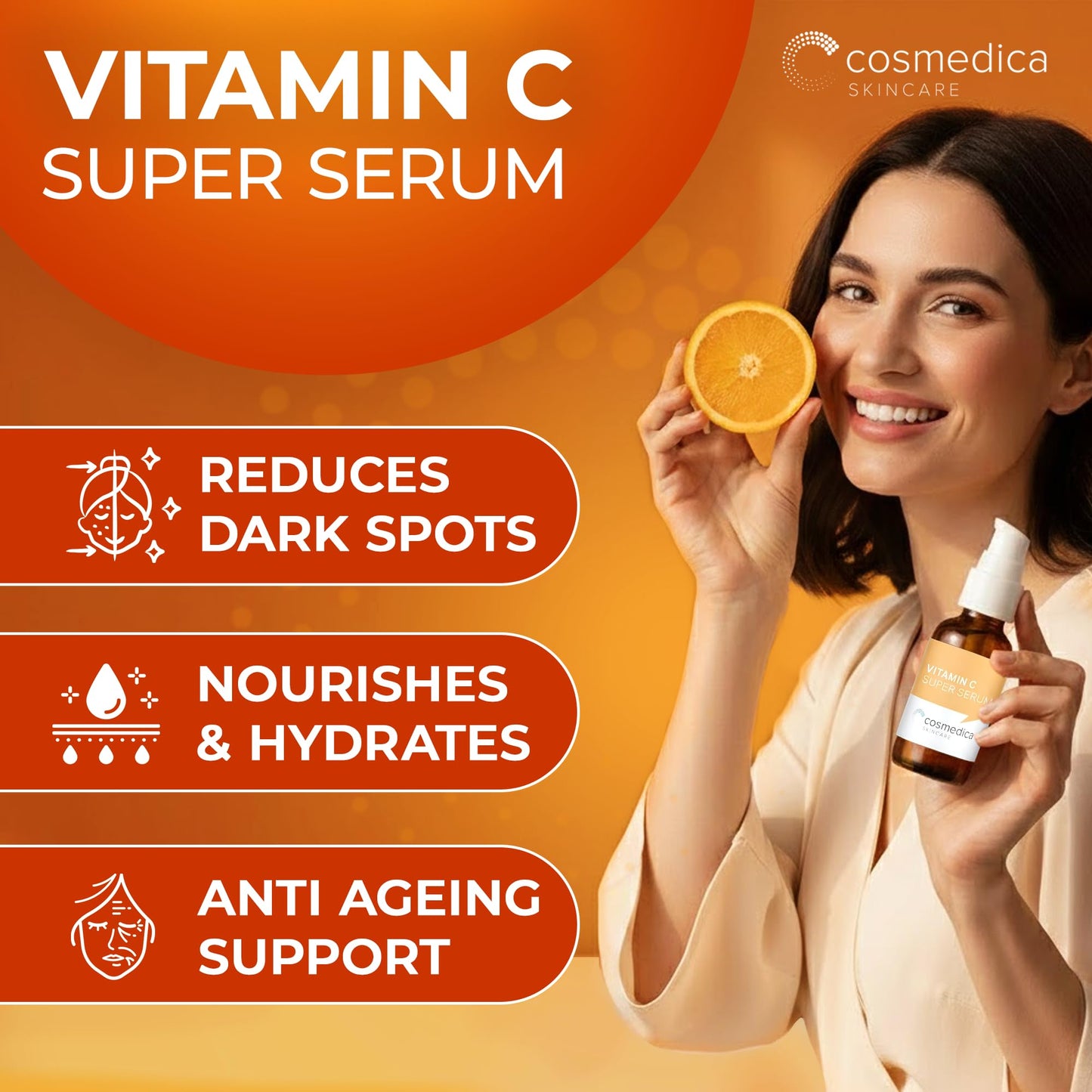 Cosmedica Vitamin C Serum for Face with Hyaluronic Acid & Vitamin E – Brightening Anti-Aging Serum for Dark Spots, Fine Lines & Wrinkles, Lightweight Collagen Booster, 1 fl oz