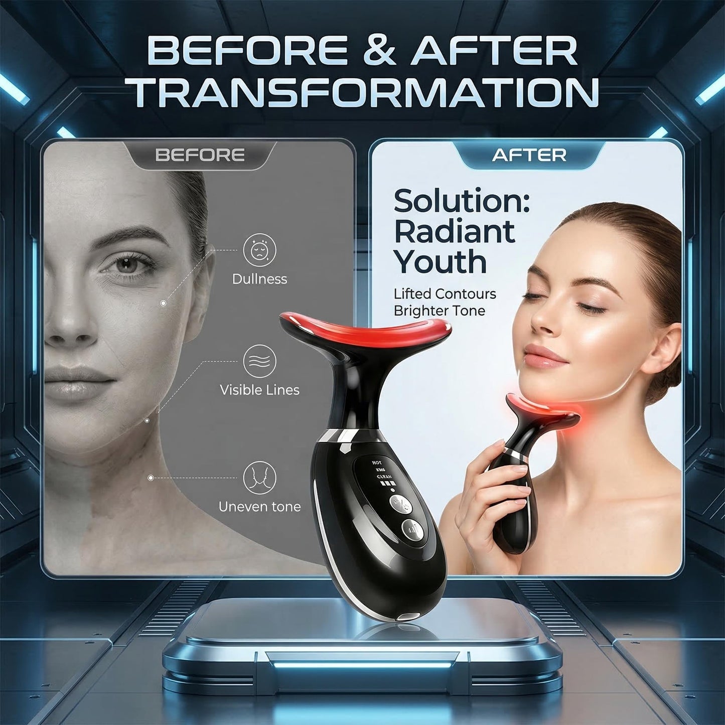Facial and Neck Massager，7-Color Adjustable LED Lights, Heating and Vibration Functions;Red-Light-Therapy-for-Face Massager Suitable for The Face, Neck，Beauty and Skincare Gifts for Both Women Men