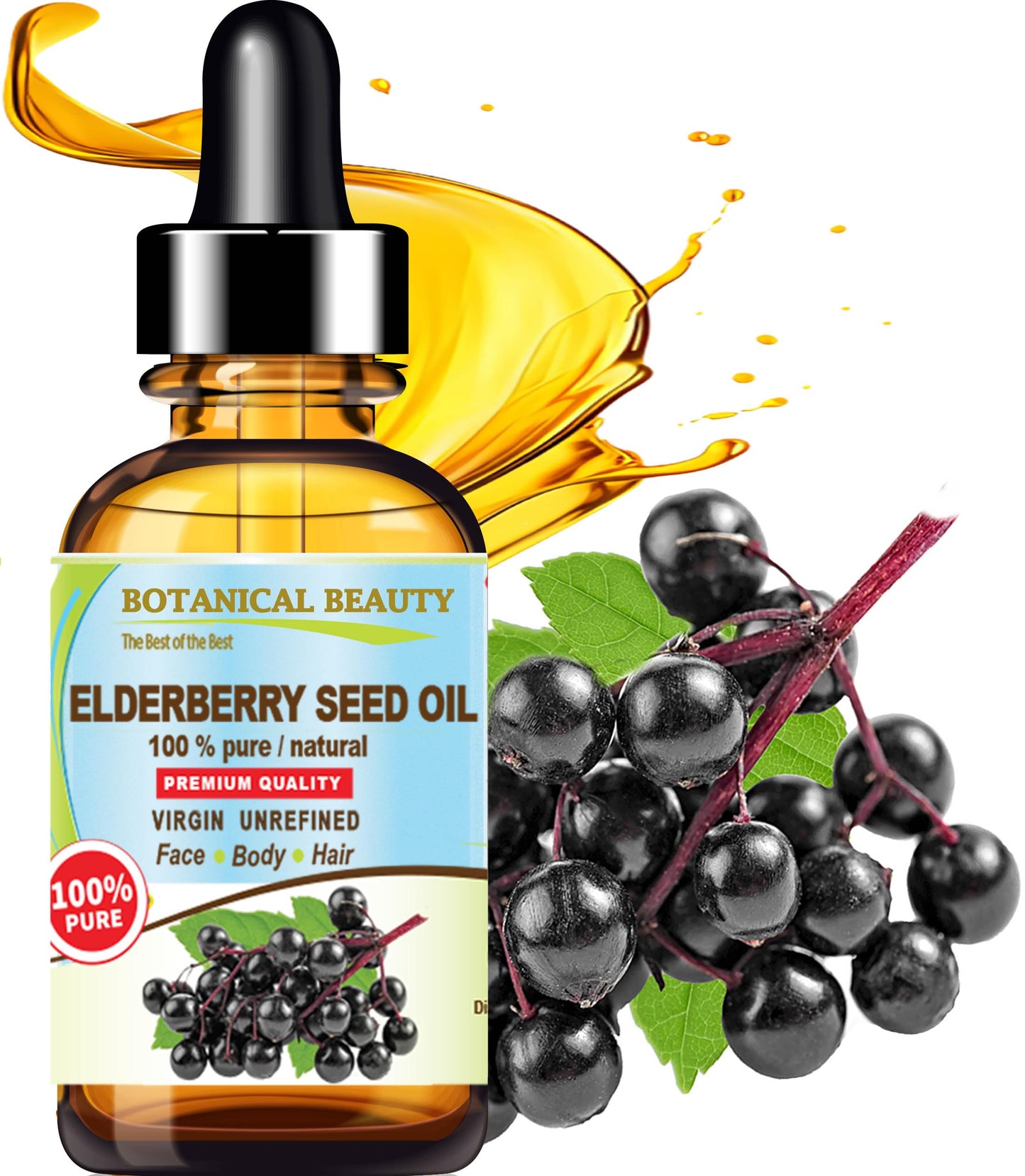 Botanical Beauty Belgian Elderberry Seed Oil Sambucus Nigra 100% Pure Natural Virgin Unrefined Cold Pressed Carrier Oil 0.5 Fl. Oz.- 15 ml for FACE, Skin, Hair, Nails, Anti-Aging. Rich in Vitamin E