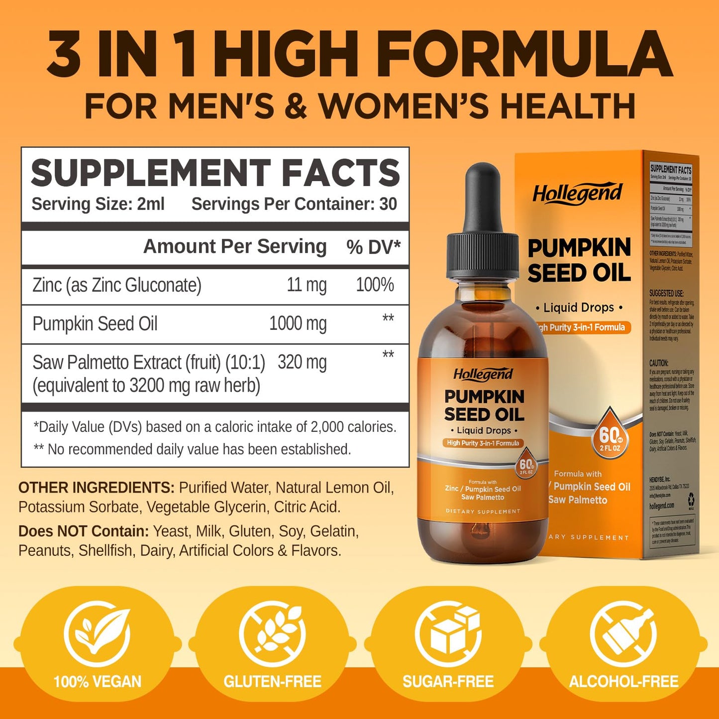 Pumpkin Seed Oil - DHT Blocker for Men Women Hair Growth, Organic Pumpkin Seed Extract with Saw Palmetto for Prostate & Urinary Health, Cold Pressed Supplements Liquid Drops, Lemon, Vegan, 2 Fl Oz