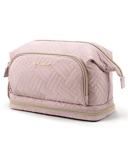BAGSMART Travel Makeup Bag, Cosmetic Bag Make Up Organizer Case, Dorm Room Essentials Large Wide-open Pouch Women Travel Essentials Double Layers Purse for Toiletries Accessories Brushes Pink