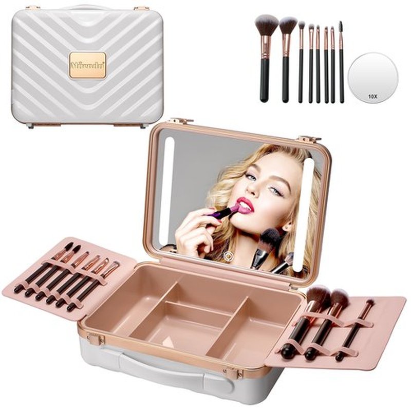 Mocado Travel Makeup Case with Lighted Mirror, Makeup Box with 8 Makeup Brushes and 10x Magnifying Mirror,Cosmetic Case Adjustable Brightness Makeup Train Case with Makeup Brushes Divider(White)
