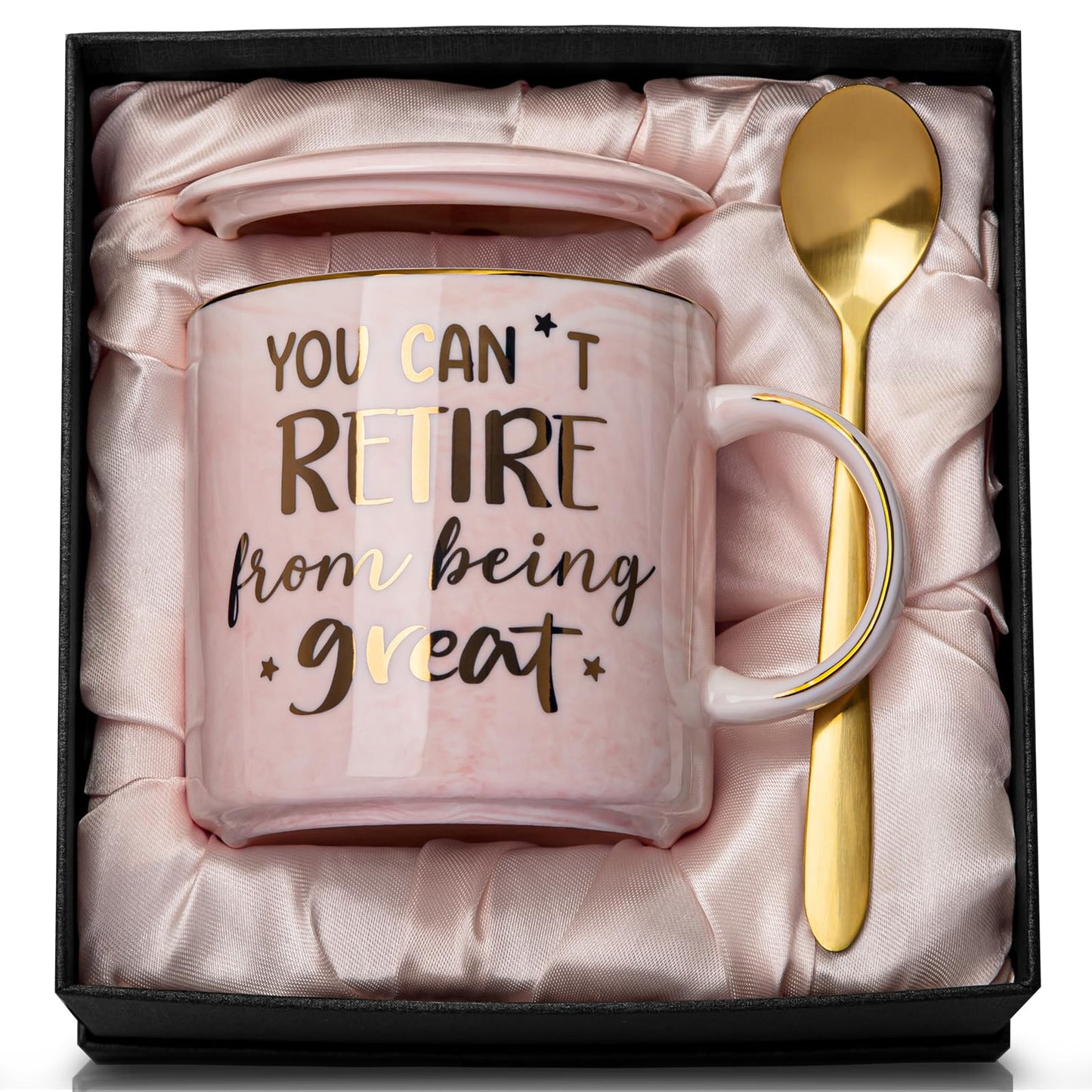 Funny Retirement Gifts for Woman 2026, You Can't Retire From Being Great - 14oz Pink Marble Gold Print Mug, Inspirational Farewell Gift for Retirees Coworker, Retired Women, Greeting card, Gift Boxed