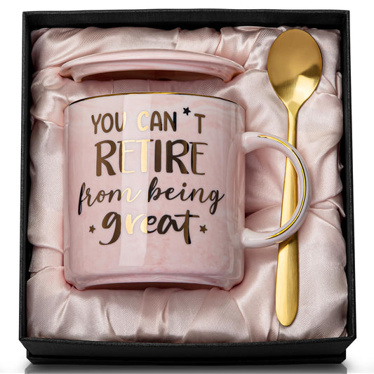 Funny Retirement Gifts for Woman 2026, You Can't Retire From Being Great - 14oz Pink Marble Gold Print Mug, Inspirational Farewell Gift for Retirees Coworker, Retired Women, Greeting card, Gift Boxed