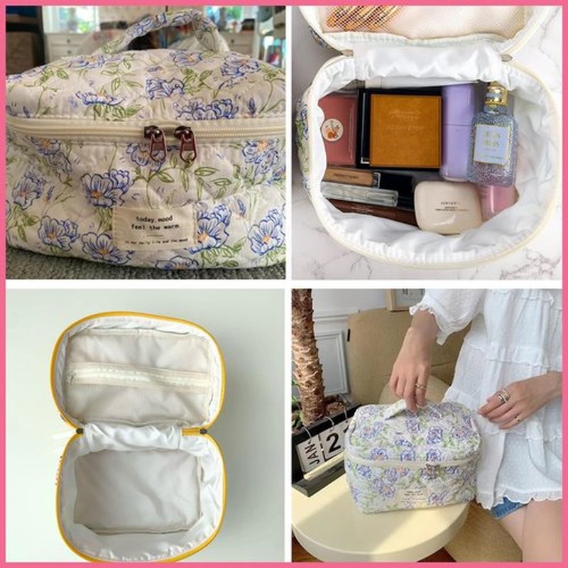 uekeboag Large Travel Quilted Makeup Bag for Women, Floral Cotton Cosmetic Bag, Coquette Aesthetic Floral Toiletry Organizer Bag(Little Purple Flower
