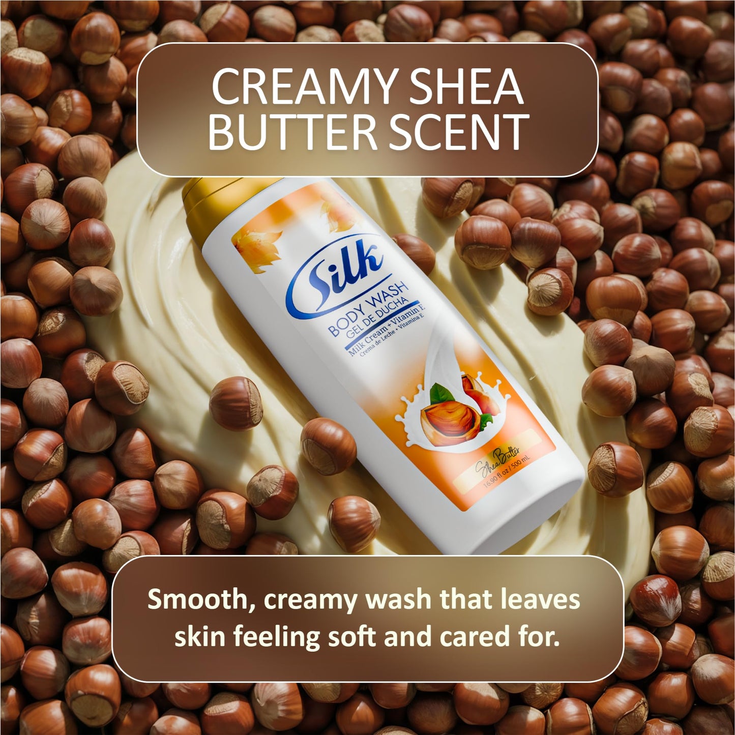 SILK Moisturizing Body Wash for Woman & Man - Daily Hydrating Shower Gel and Foaming Cleanser with Vitamin E and Glycerin, Rich Lather for Dry Skin Care, Shea Butter Scent, 16.9 Fl Oz