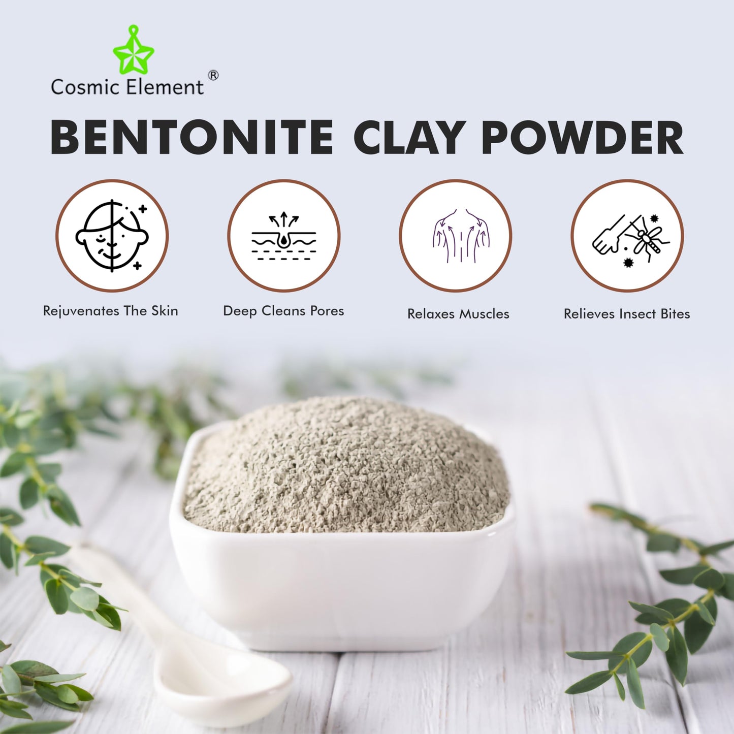 Cosmic Element 100% Pure Calcium Bentonite Clay Powder - Bentonite Clay Food Grade, Vegan, Healing Clay | Skin Care Detox - Deep Pore Cleansing Face & Body Mask for Soft, Smooth, Refreshed Skin | 12oz