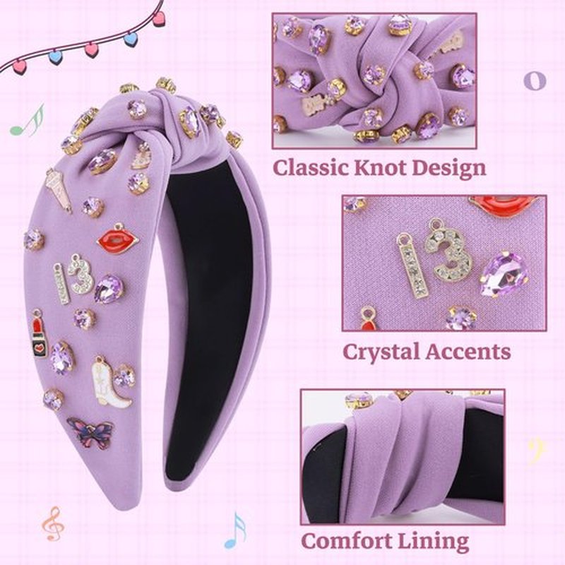Music Jeweled Knotted Headband for Women, Guitar Red Lip Microphone Rhinestone Crystal Embellished Top Knot Hairband, Fashionable Hair Accessories for Singer Fans Birthday Concert Gift (Purple)