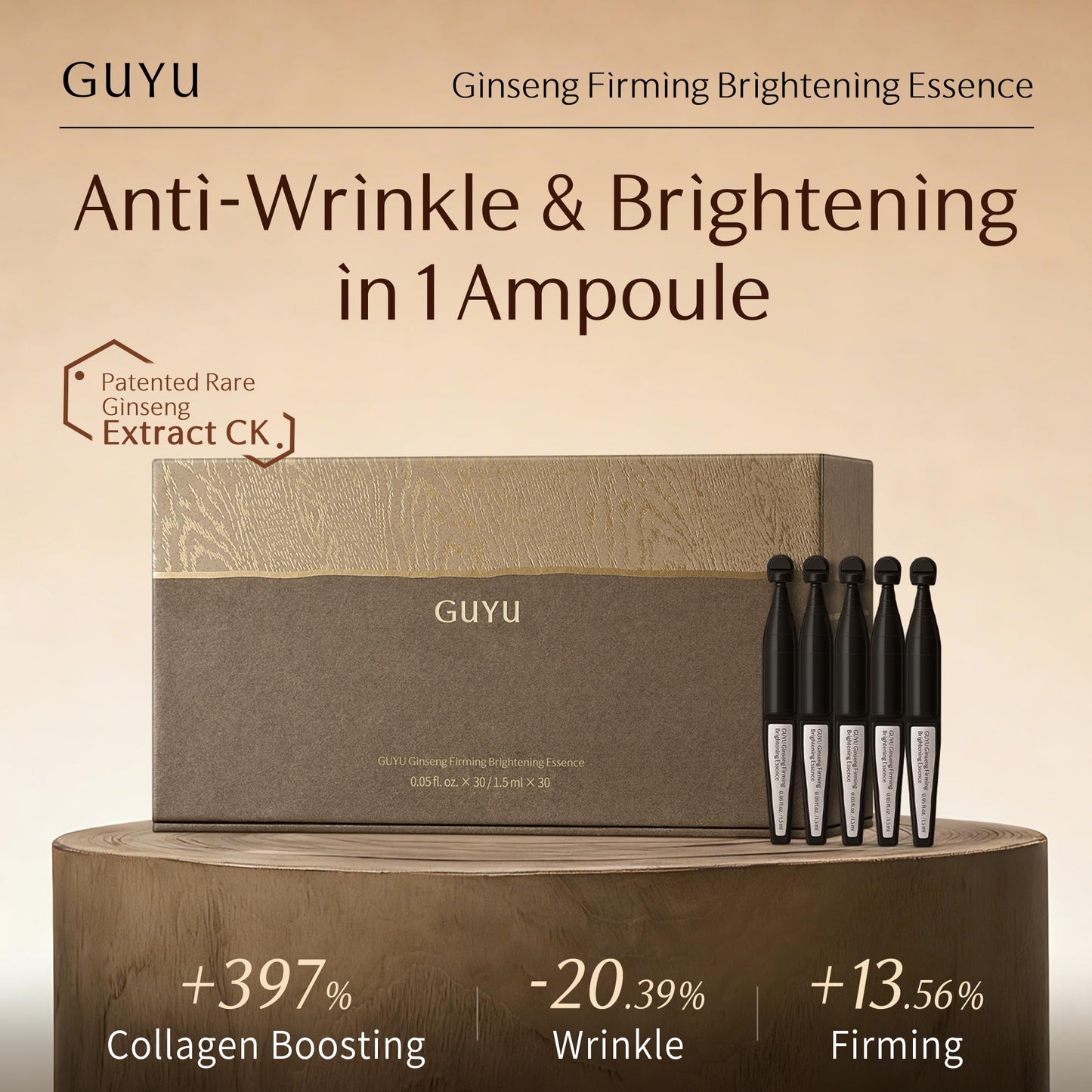 GUYU Ginseng Anti-Aging Serum for Face | GUYU Single-Use Ampoule | Peptides, Hyaluronic Acid, Panthenol, Ectoin, Beta Glucan | for Lifting, Firming, Smoothing Lines, Plumping (0.05 Fl Oz x 30pcs)