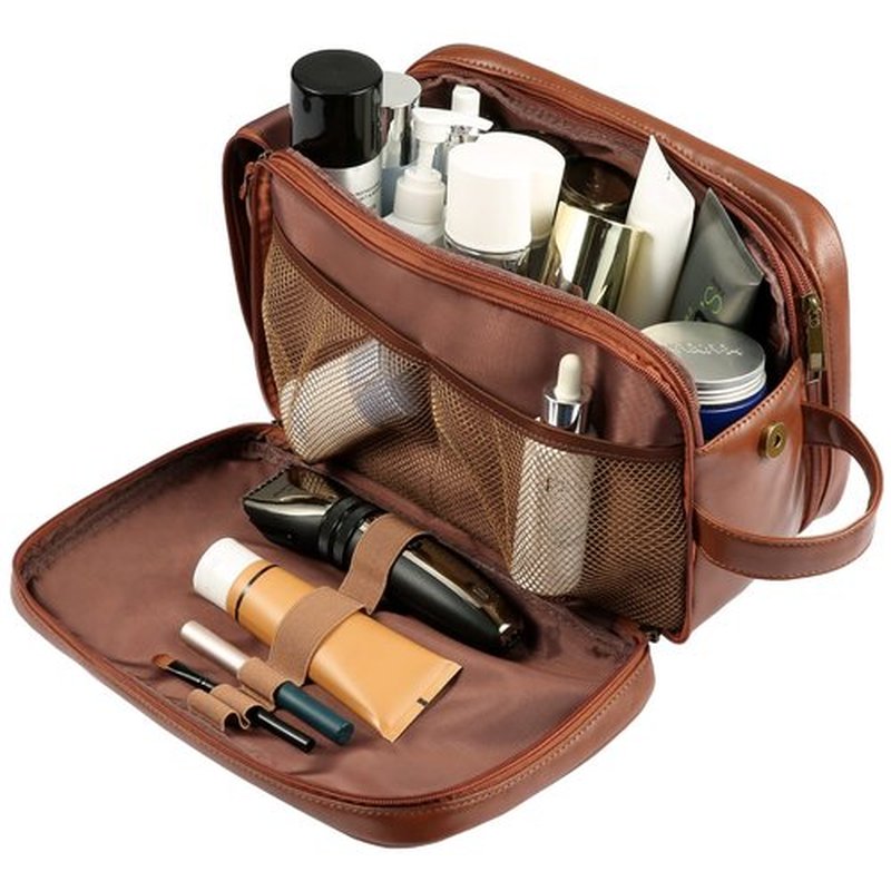 BNSPOCKET Personalized Leather Travel Toiletry Bag for Men, Large Travel Bathroom Shaving Dopp Kit, Large Cosmetic Travel Bag Waterproof