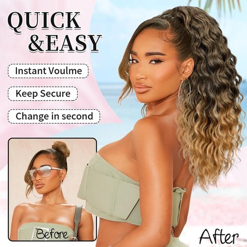 KooKaStyle Curly Ponytail Extension Fluffy Drawstring Ponytail Hair Extensions for Women Long Kinky Curly Wavy Pony Tail Extension Synthetic Hairpiece for Daily Use(18Inch Ombre Black To Blonde)