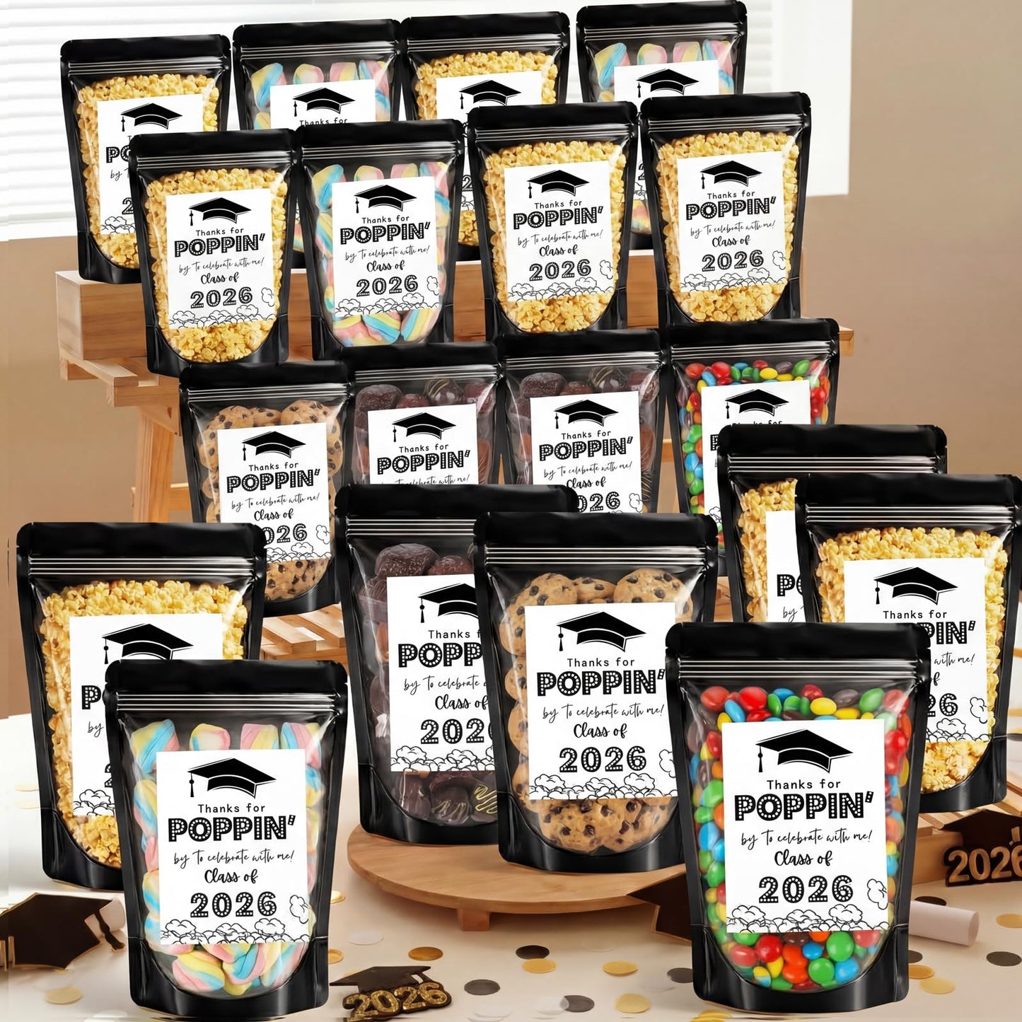 Zhehao 50 Pack Graduation Popcorn Treat Bags Class of 2026 Graduation Party Favors Candy Goodie Cookie Small Gift Bags Thanks for Popping by to Celebrate Resealable Zip Bag Individual Stickers(Black)