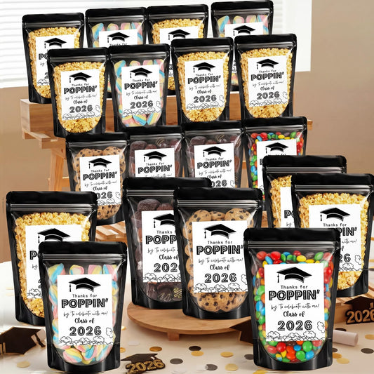 Zhehao 50 Pack Graduation Popcorn Treat Bags Class of 2026 Graduation Party Favors Candy Goodie Cookie Small Gift Bags Thanks for Popping by to Celebrate Resealable Zip Bag Individual Stickers(Black)