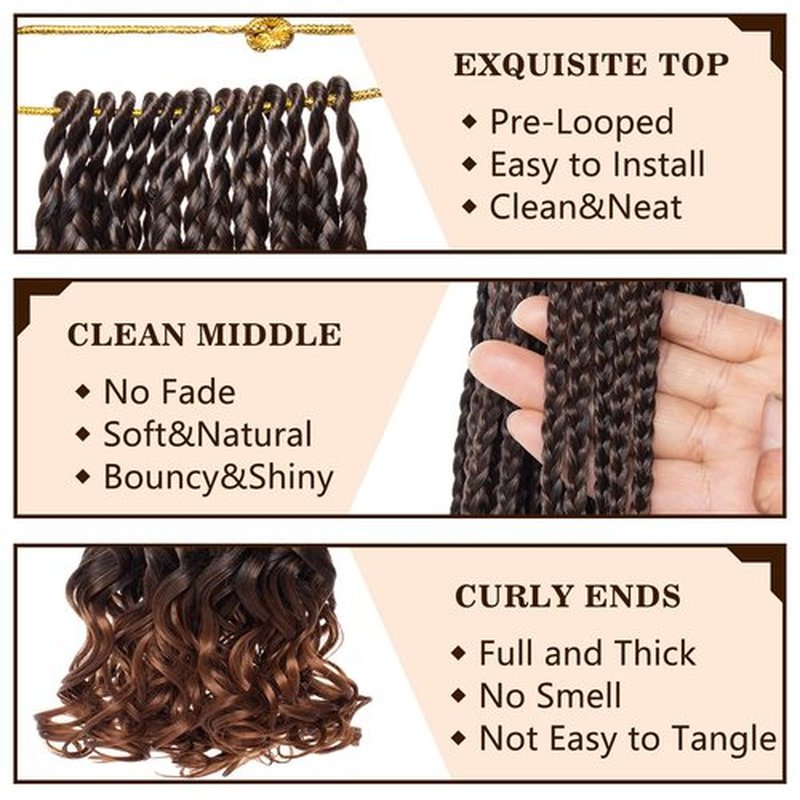 COOKOO 135 Strands 9 PCS French Curly Crochet Braids 14 Inch Pre Looped Ombre Brown Goddess Box Braids Crochet Hair with Curls At The End Bouncy French Curls Synthetic Braiding Hair Extensions T30#
