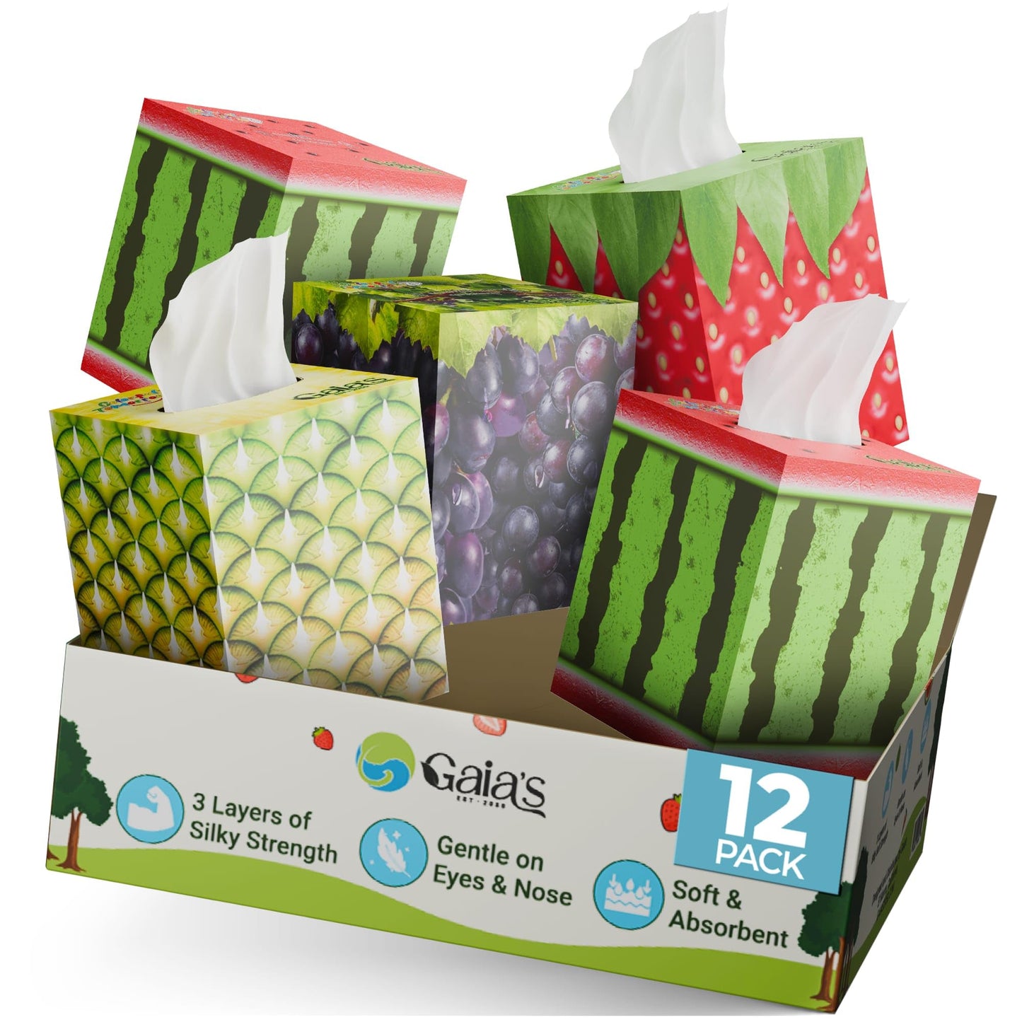 Gaias Premium Bamboo Facial Tissues, 12 fruit boxes, 3 Ply, 80 Sheets/Box - Made From Bamboo, Zero Plastic Packaging, Eco-Friendly, Sustainable, Non-Lotion