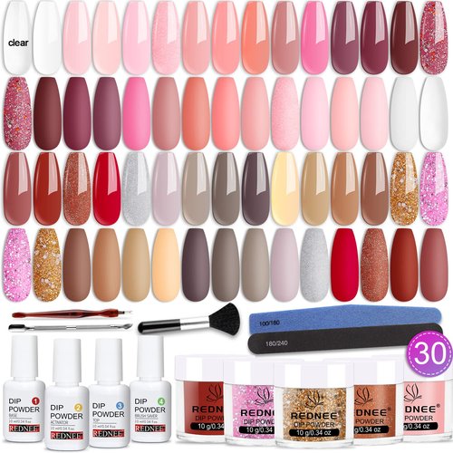 REDNEE 39pcs Dip Powder Nail Kit Starter, 30 Neutral Skin Color White Pink Dipping Powder Set with Top Base Coat Activator & Nail Brush File for Valentine's Day Nail Art Manicure Salon Gift Set RE19
